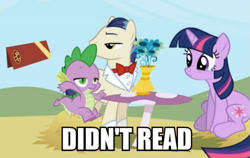 Size: 719x454 | Tagged: safe, derpibooru import, spike, twilight sparkle, dragon, didn't read, image macro, reaction image, tl;dr, waiter