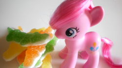 Size: 1280x720 | Tagged: safe, artist:sapplejack, gummy, pinkie pie, brushable, candy, irl, photo, pun, toy