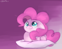 Size: 1000x800 | Tagged: safe, artist:strangemoose, pinkie pie, earth pony, pony, female, mare, pillow, pink coat, pink mane, solo