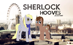 Size: 1137x702 | Tagged: safe, derpy hooves, doctor whooves, pegasus, pony, bbc sherlock, clothes, crossover, female, john watson, london, london eye, mare, parody, ponified, scarf, sherlock, sherlock holmes