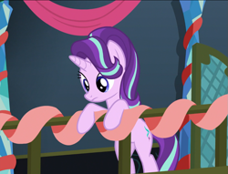 Size: 1057x809 | Tagged: safe, screencap, starlight glimmer, pony, a hearth's warming tail, bipedal, bipedal leaning, hearth's warming, leaning, looking down, railing, solo, twilight's castle