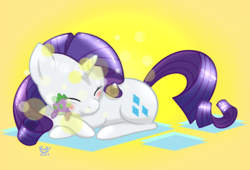 Size: 1100x750 | Tagged: safe, artist:monteruis, rarity, spike, dragon, pony, unicorn, blushing, cute, eyes closed, female, hug, male, plushie, prone, shipping, sleeping, smiling, solo, sparity, spike plushie, straight