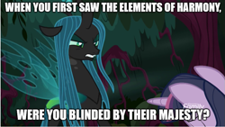 Size: 861x485 | Tagged: safe, edit, edited screencap, screencap, mean twilight sparkle, queen chrysalis, alicorn, changeling, changeling queen, the mean 6, bowing, clone, discovery family logo, halo (series), image macro, meme, prophet of regret, reference, video game, video game reference