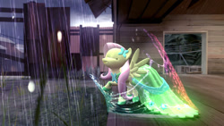 Size: 1280x720 | Tagged: safe, artist:gonzalolog, fluttershy, pegasus, pony, 3d, clothes, dress, gala dress, gmod, rain