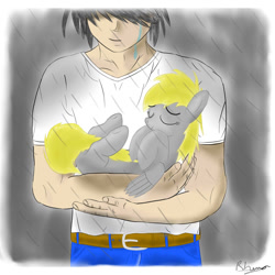 Size: 894x894 | Tagged: safe, artist:neutralbrony, derpy hooves, oc, human, pony, crying, holding a pony, non-mlp oc, rain