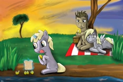 Size: 3300x2202 | Tagged: safe, artist:mlj-lucarias, derpy hooves, dinky hooves, doctor whooves, duck, pegasus, pony, banana, bread, crying, female, happy, mare, picnic, tree, water