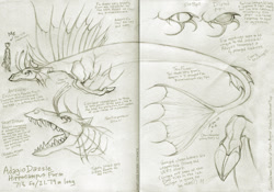 Size: 1600x1120 | Tagged: safe, artist:kaemantis, adagio dazzle, sunset shimmer, hippocampus, merpony, siren, anatomy, antennae, cloven hooves, eyes, fins, gills, monochrome, sea monster, size comparison, sketchbook, sunset the science gal, teeth, traditional art