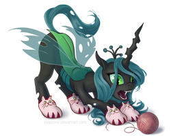 Size: 1240x987 | Tagged: safe, artist:vyazinrei, queen chrysalis, changeling, changeling queen, behaving like a cat, catling, clothes, female, simple background, slippers, solo, transparent background, yarn, yarn ball