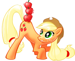 Size: 900x726 | Tagged: safe, artist:shadow-rhapsody, applejack, earth pony, pony, apple, balancing, female, looking back, mare, simple background, smiling, solo, transparent background