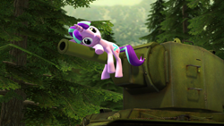 Size: 3640x2048 | Tagged: safe, artist:purenexus, starlight glimmer, pony, unicorn, 3d, cute, glimmerbetes, kv-2, looking at you, lying down, russian, solo, source filmmaker, stronk kv-2, tank (vehicle), this will end in communism, tree, wtf