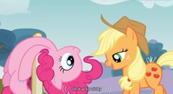 Size: 638x347 | Tagged: safe, screencap, applejack, pinkie pie, earth pony, pony, too many pinkie pies, fence, youtube caption