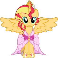Size: 3500x3548 | Tagged: safe, artist:xebck, edit, sunset shimmer, alicorn, pony, equestria girls, magical mystery cure, alicornified, alternate universe, big crown thingy, clothes, coronation dress, crown, cute, dress, front, jewelry, looking at you, race swap, regalia, shimmerbetes, shimmercorn, simple background, smiling, solo, tiara, transparent background, vector, vector edit
