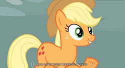 Size: 639x347 | Tagged: safe, screencap, applejack, earth pony, pony, too many pinkie pies, solo, youtube caption