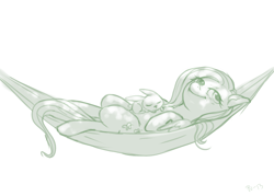 Size: 1280x914 | Tagged: safe, artist:purmu, angel bunny, fluttershy, pegasus, pony, female, hammock, mare