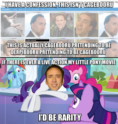 Size: 863x909 | Tagged: safe, derpibooru import, pinkie pie, rainbow dash, rarity, twilight sparkle, twilight sparkle (alicorn), alicorn, earth pony, pegasus, pony, unicorn, cagebooru, image macro, meme, nicolas cage, nicolas cage is best pony, nostalgia critic, the wicker man