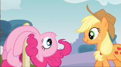 Size: 855x475 | Tagged: safe, screencap, applejack, pinkie pie, earth pony, pony, too many pinkie pies, fence, scrunchy face