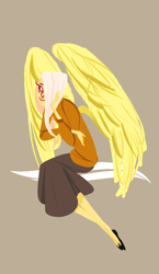 Size: 762x1312 | Tagged: safe, artist:kvitrika, fluttershy, clothes, humanized, skinny, skirt, sweater, sweatershy, winged humanization