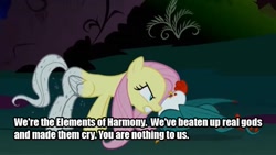 Size: 640x360 | Tagged: safe, edit, edited screencap, screencap, fluttershy, cockatrice, pegasus, pony, stare master, image macro