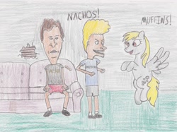 Size: 3022x2266 | Tagged: safe, artist:darkknightwolf2011, derpy hooves, pegasus, pony, beavis, beavis and butthead, butthead, crossover, female, mare, traditional art