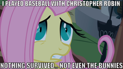 Size: 860x484 | Tagged: safe, edit, edited screencap, screencap, fluttershy, pegasus, pony, luna eclipsed, christopher robin, image macro, nightmare night, winnie the pooh home run derby