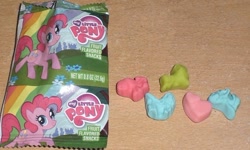 Size: 600x359 | Tagged: safe, pinkie pie, earth pony, pony, box, fruit snacks, gummy snacks, photo