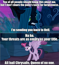 Size: 640x708 | Tagged: safe, edit, edited screencap, screencap, mean twilight sparkle, queen chrysalis, alicorn, changeling, changeling queen, pony, the mean 6, clone, dragon ball super, female, frieza, glowing horn, image macro, mare, meme, text, vegeta