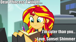 Size: 1280x714 | Tagged: safe, edit, screencap, sunset shimmer, twilight sparkle, equestria girls, rainbow rocks, book, cute, image macro, meme, rivalry, shimmerbetes, sitting, smiling, solo, writing