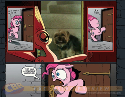 Size: 900x700 | Tagged: safe, pinkie pie, dog, earth pony, pony, exploitable meme, faggot dog, irl dog, meme, obligatory pony, surprise door