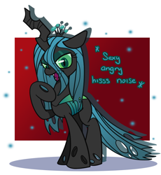 Size: 1500x1628 | Tagged: safe, artist:lou, queen chrysalis, changeling, changeling queen, descriptive noise, female, hissing, horse noises, standing