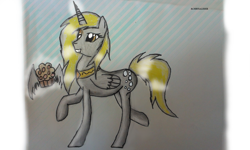 Size: 1280x766 | Tagged: safe, artist:xchrysalisssx, derpy hooves, alicorn, pony, muffin, queen, solo