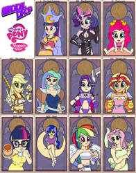 Size: 2051x2616 | Tagged: safe, derpibooru exclusive, derpibooru import, applejack, fluttershy, pinkie pie, princess celestia, princess luna, rainbow dash, rarity, sci-twi, starlight glimmer, sunset shimmer, twilight sparkle, equestria girls, bandeau, belly button, breasts, cleavage, clothes, crossover, death, dress, empress, fortune, high priestess, judgement, justice, justitia, lady justice (goddess), magical drop, mane six, midriff, moon, scales of justice, stars, tarot card, temperance, the world, world