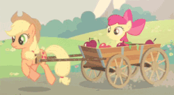Size: 500x272 | Tagged: safe, screencap, apple bloom, applejack, earth pony, pony, too many pinkie pies, animated, apple, apple sisters, duo, food, harness, pulling, siblings, sisters, tack, wagon