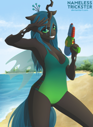 Size: 1024x1401 | Tagged: safe, artist:namelesstrickster, queen chrysalis, anthro, changeling, changeling queen, armpits, beach, breasts, cleavage, clothes, female, looking at you, one-piece swimsuit, salute, seashore, sideboob, smiling, solo, swimsuit, toy