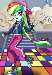 Size: 387x555 | Tagged: safe, artist:unicornsmile, derpibooru import, rainbow dash, dance magic, equestria girls, spoiler:eqg specials, clothes, converse, dancing, fingerless gloves, gloves, hat, jacket, looking at you, pants, rapper dash, shoes, smiling, sneakers, solo, starsue, wingless