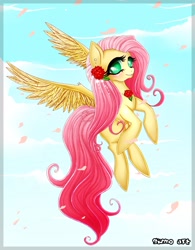 Size: 1751x2245 | Tagged: safe, artist:g-malcott, fluttershy, pegasus, pony, cherry blossoms, cloud, cloudy, flower, solo