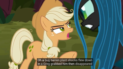 Size: 1103x618 | Tagged: safe, screencap, mean applejack, queen chrysalis, changeling, changeling queen, the mean 6, clone, female, meme, youtube caption