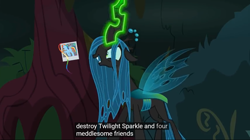 Size: 1102x619 | Tagged: safe, screencap, queen chrysalis, rainbow dash, changeling, changeling queen, pegasus, pony, the mean 6, female, magic, meme, photo, tree, youtube caption