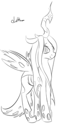 Size: 304x645 | Tagged: safe, artist:dotkwa, queen chrysalis, changeling, changeling queen, female, grayscale, looking at you, monochrome, smiling, solo