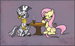 Size: 1921x1201 | Tagged: safe, artist:finalflutter, fluttershy, zecora, pegasus, pony, zebra, drink, tea