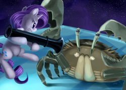 Size: 1200x857 | Tagged: safe, artist:jiayi, rarity, crab, pony, unicorn, final destination, giant crab, rarity fighting a giant crab, rocket launcher, super smash bros.