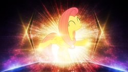 Size: 1920x1080 | Tagged: safe, artist:tzolkine, fluttershy, pegasus, pony, dancing, eyes closed, raised hoof, raised leg, smiling, solo, sunburst background, vector, wallpaper