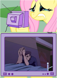 Size: 597x811 | Tagged: safe, fluttershy, pegasus, pony, baxter stockman, exploitable meme, fluttercry, glasses, meme, teenage mutant ninja turtles, tmnt 2003 series, tv meme