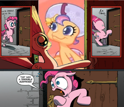 Size: 716x620 | Tagged: safe, pinkie pie, scootaloo, earth pony, pony, newborn cuties, once upon a my little pony time, exploitable meme, meme, pinkie blind, surprise blind, surprise door