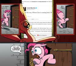 Size: 945x821 | Tagged: safe, idw, pinkie pie, earth pony, pony, colin mochrie, exploitable meme, meme, obligatory pony, surprise door, whose line is it anyway
