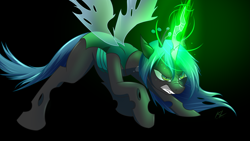 Size: 3839x2159 | Tagged: safe, artist:draftthefilmmaker-kl, queen chrysalis, changeling, changeling queen, black background, high res, magic, simple background, solo