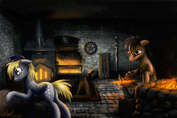 Size: 2500x1667 | Tagged: safe, artist:duh-veed, derpy hooves, oc, pegasus, pony, anvil, blacksmith, female, hammer, mare, sword