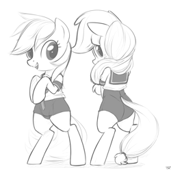 Size: 1600x1600 | Tagged: safe, artist:tex, derpibooru import, applejack, rainbow dash, earth pony, pegasus, pony, clothes, cute, jackabetes, monochrome