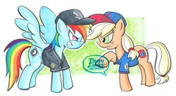 Size: 1023x561 | Tagged: safe, artist:thomzahler, derpibooru import, applejack, rainbow dash, earth pony, pegasus, pony, baseball, baseball cap, chicago cubs, chicago white sox, clothes, mlb