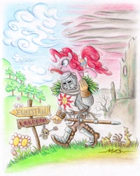 Size: 1500x1872 | Tagged: safe, artist:deathcutlet, pinkie pie, human, crossover, dark souls, fantasy class, jolly cooperation, knight, lordran, ponies riding humans, solaire of astora, traditional art, warrior