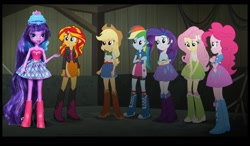 Size: 1288x752 | Tagged: safe, edit, edited screencap, screencap, applejack, fluttershy, pinkie pie, rainbow dash, rarity, sunset shimmer, twilight sparkle, equestria girls, rainbow rocks, balloon, boots, bracelet, clothes, cowboy boots, doll, high heel boots, jacket, jewelry, leather jacket, skirt, socks, toy